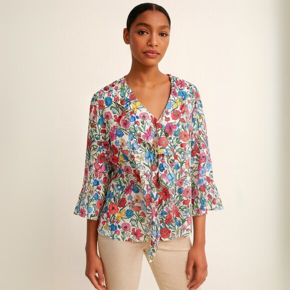 ELIE TAHARI Floral Ruffle 3/4 Bell Sleeve Blouse - Picture 1 of 9
